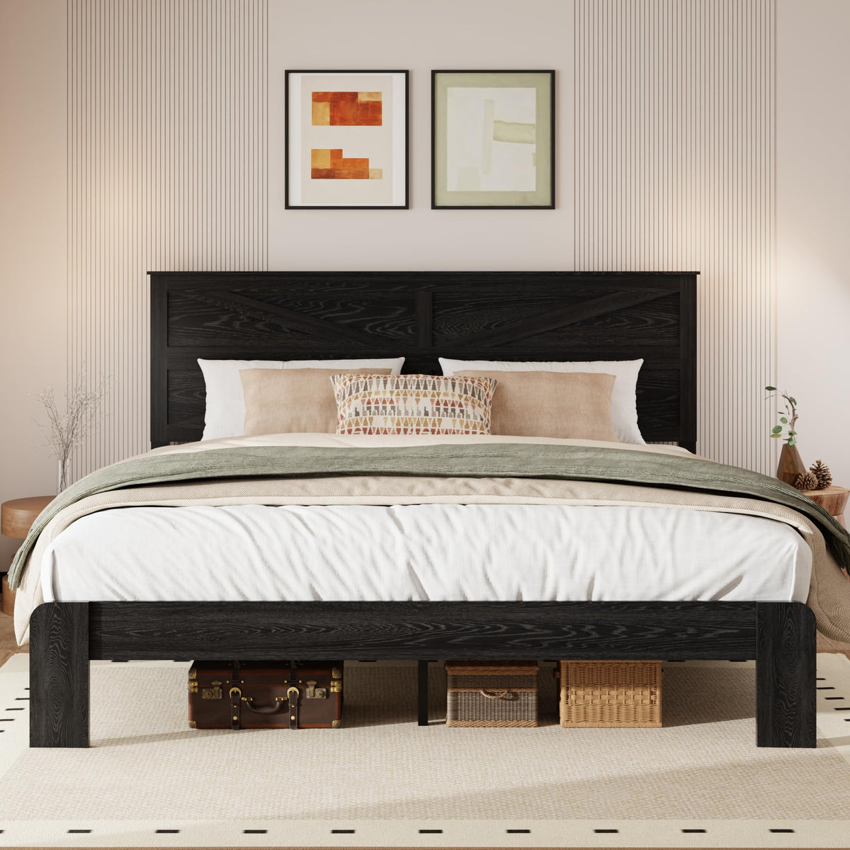 Farmhouse Wooden Bed Frame with Headboard, Black