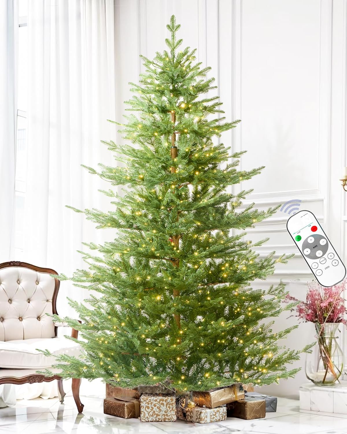 Pre-lit Christmas Tree Fir with Remote Control, 650 Warm White Multi-Color Lights, Hinged/Feel Real/Realistic