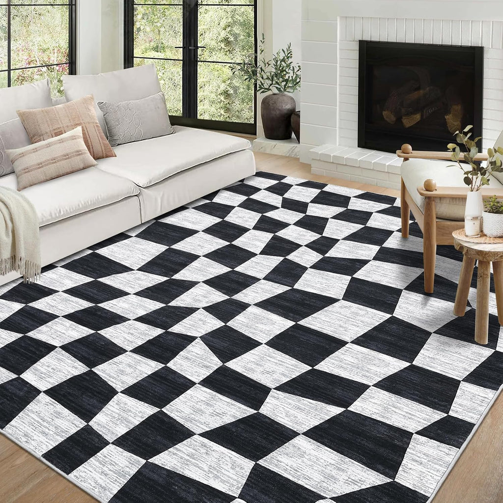 Washable Area Rugs 9x12 Rug Checkered Modern Bedroom Rug Geometric Black Rug Large Area Rug Non Slip Throw Rugs Low