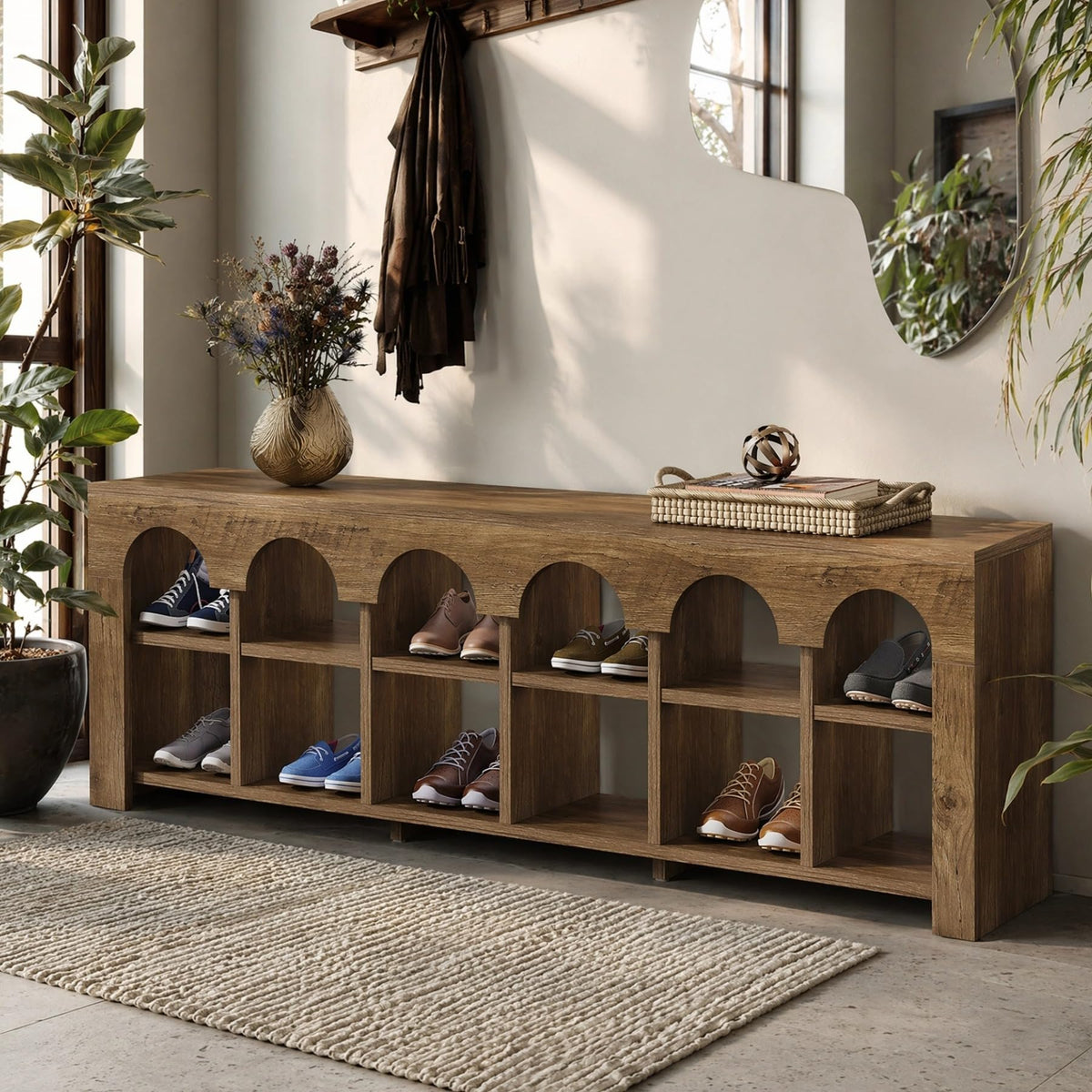 63" Entryway Bench with Shoe Storage, Farmhouse Bench with 12 Cubbies