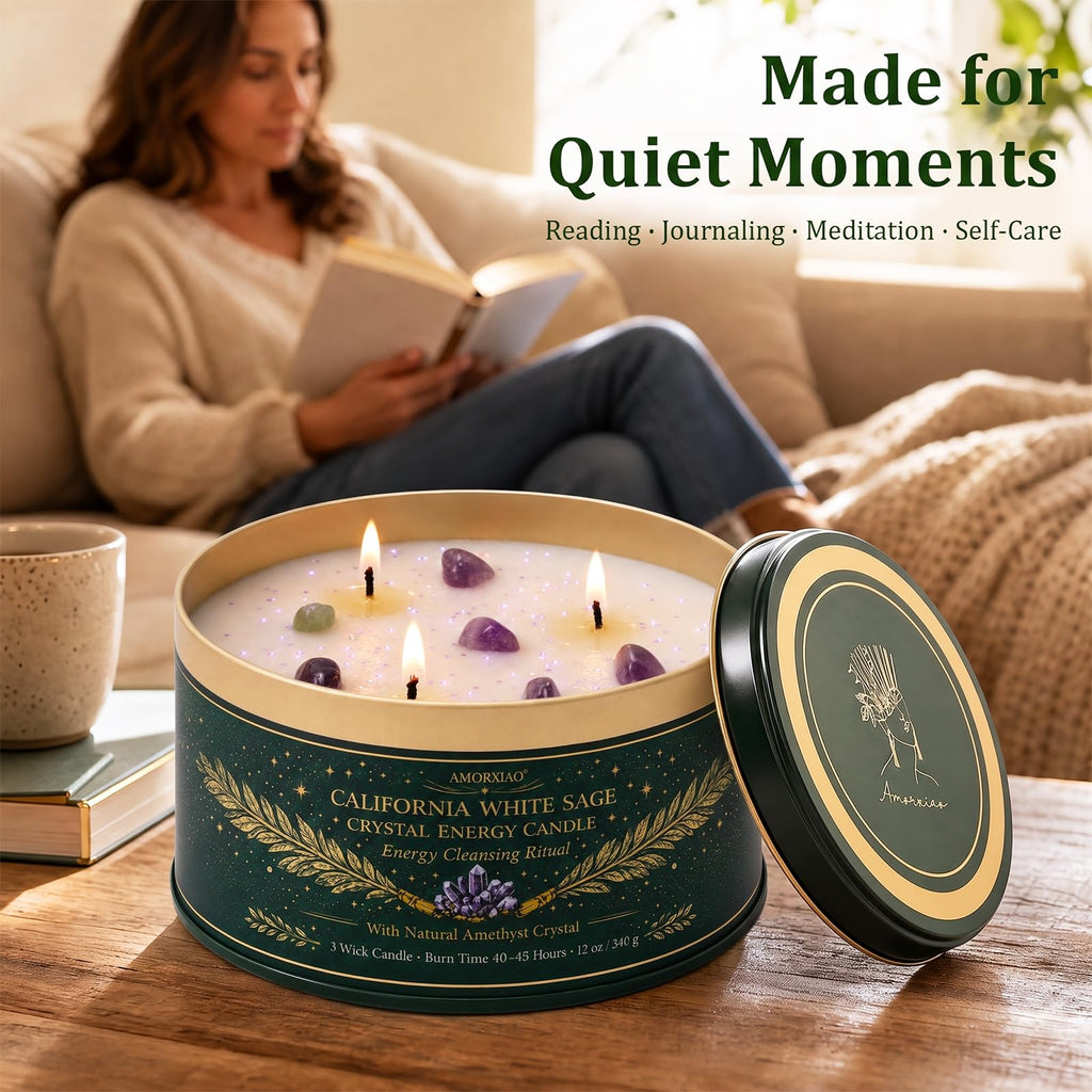White Sage Candle for Cleansing with Crystals, 12 oz 3-Wick Soy Candle