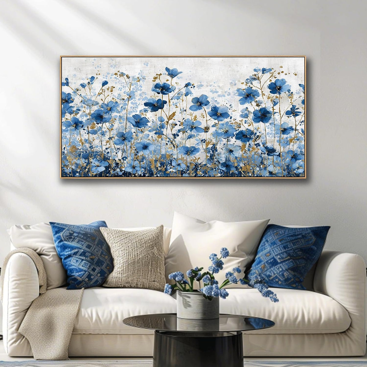 Floral Canvas Wall Art Blue & Gold Framed Flower Print Ready to Hang Modern Boho Decor Bedroom Dining Room