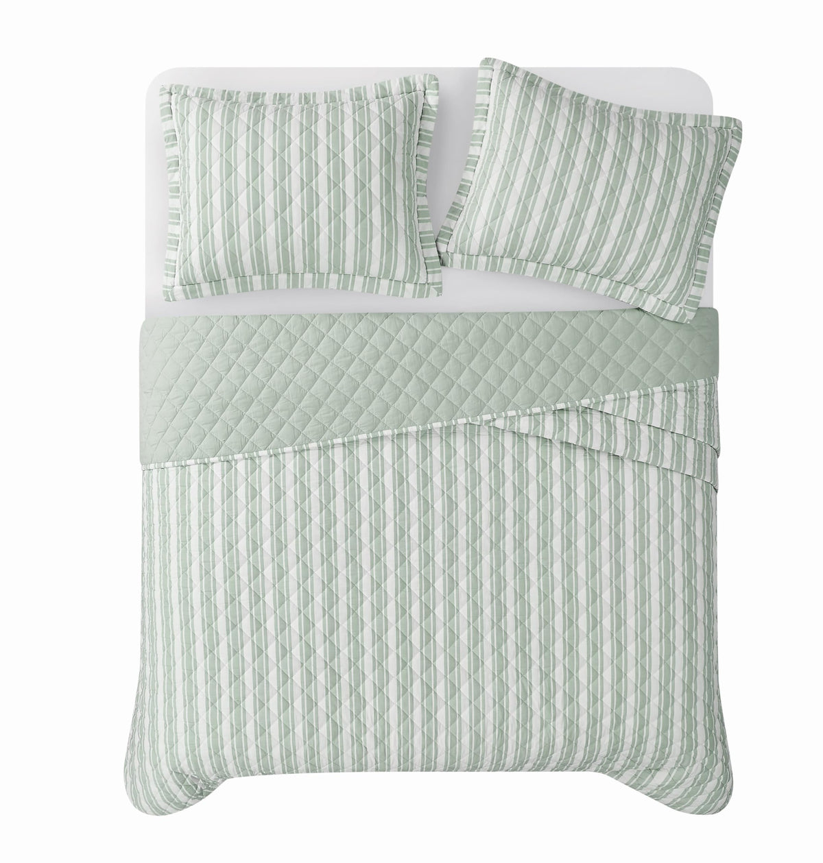 Wide Ticking Stripe Green 3 Piece Quilt Set