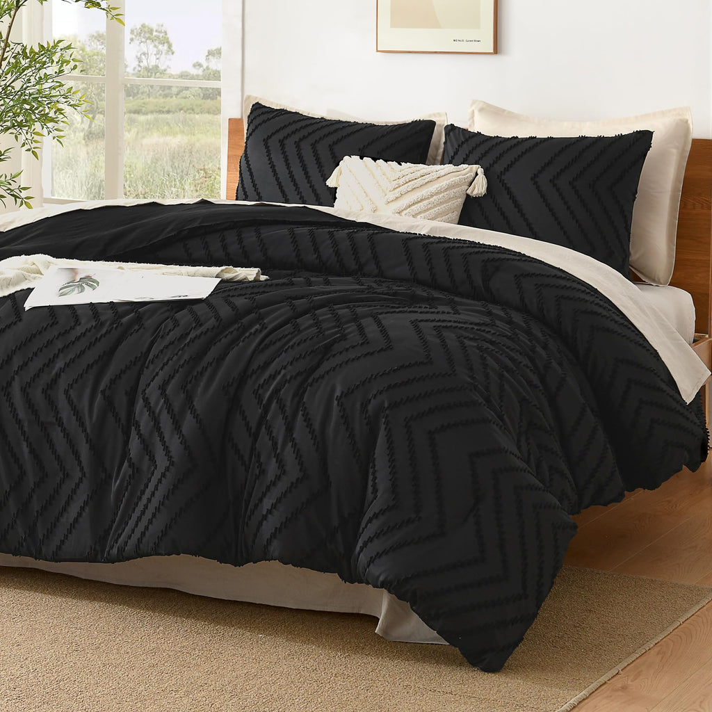 Black Super King Plus Comforter Set, 3 Pcs Boho Tufted Bedding Set
