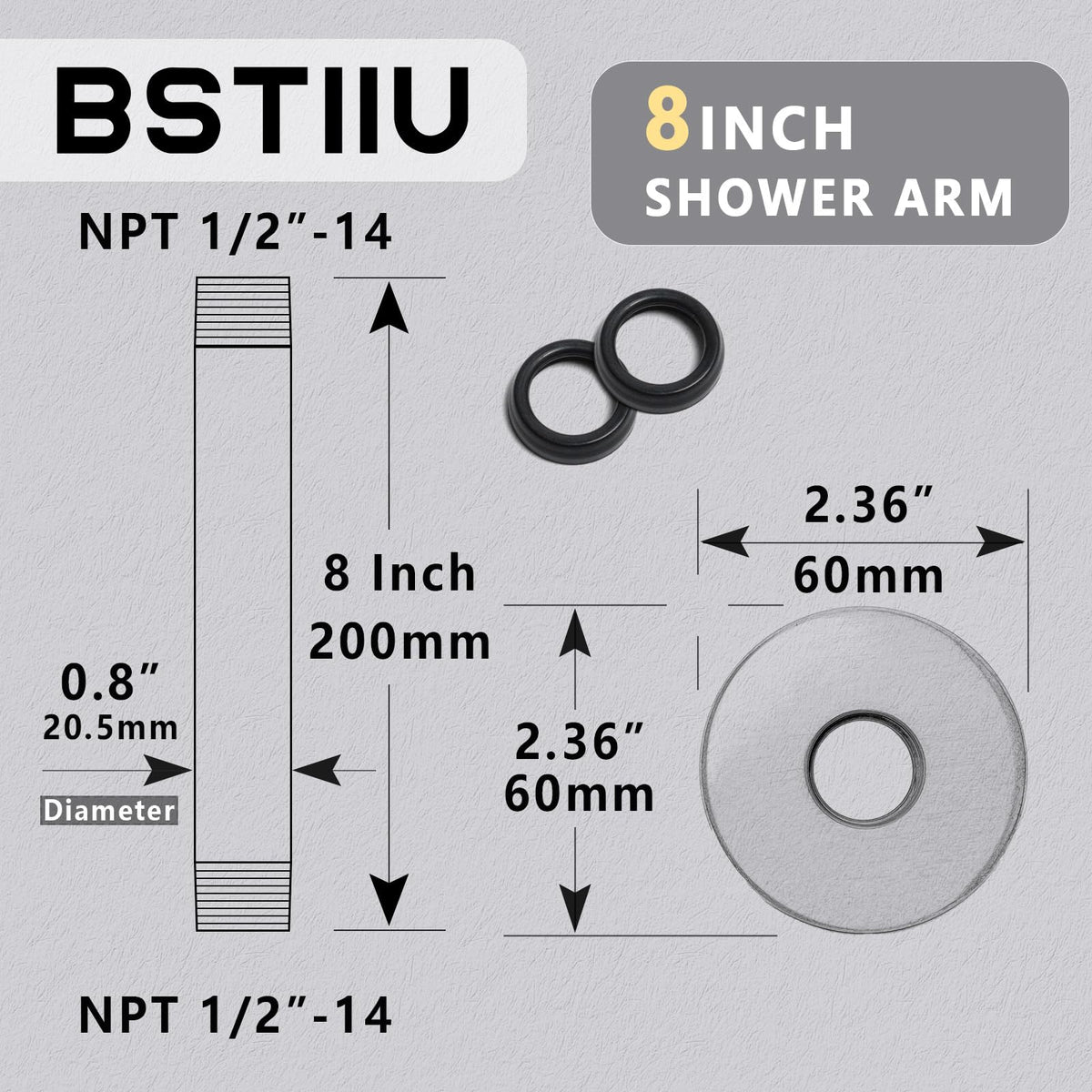 8 Inch Shower Arm with Flange, Ceiling Mounted Shower Head Extension Arm, 1/2 NPT Straight Arm for Rain Shower Head