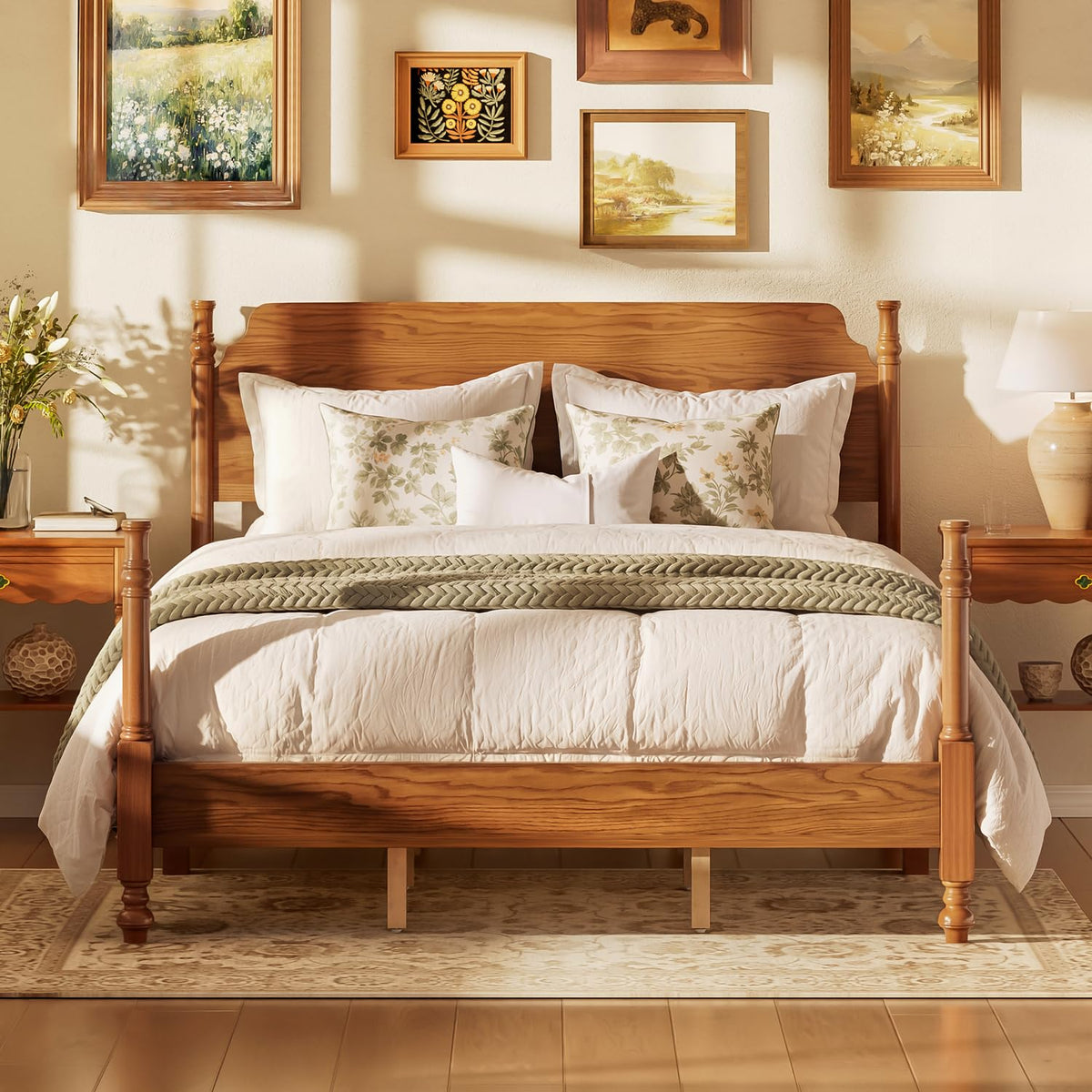 Wood Bed Frame with Vintage headboard, Spindle Platform Bed with High Posts Design, Sturdy Wooden Slats Support