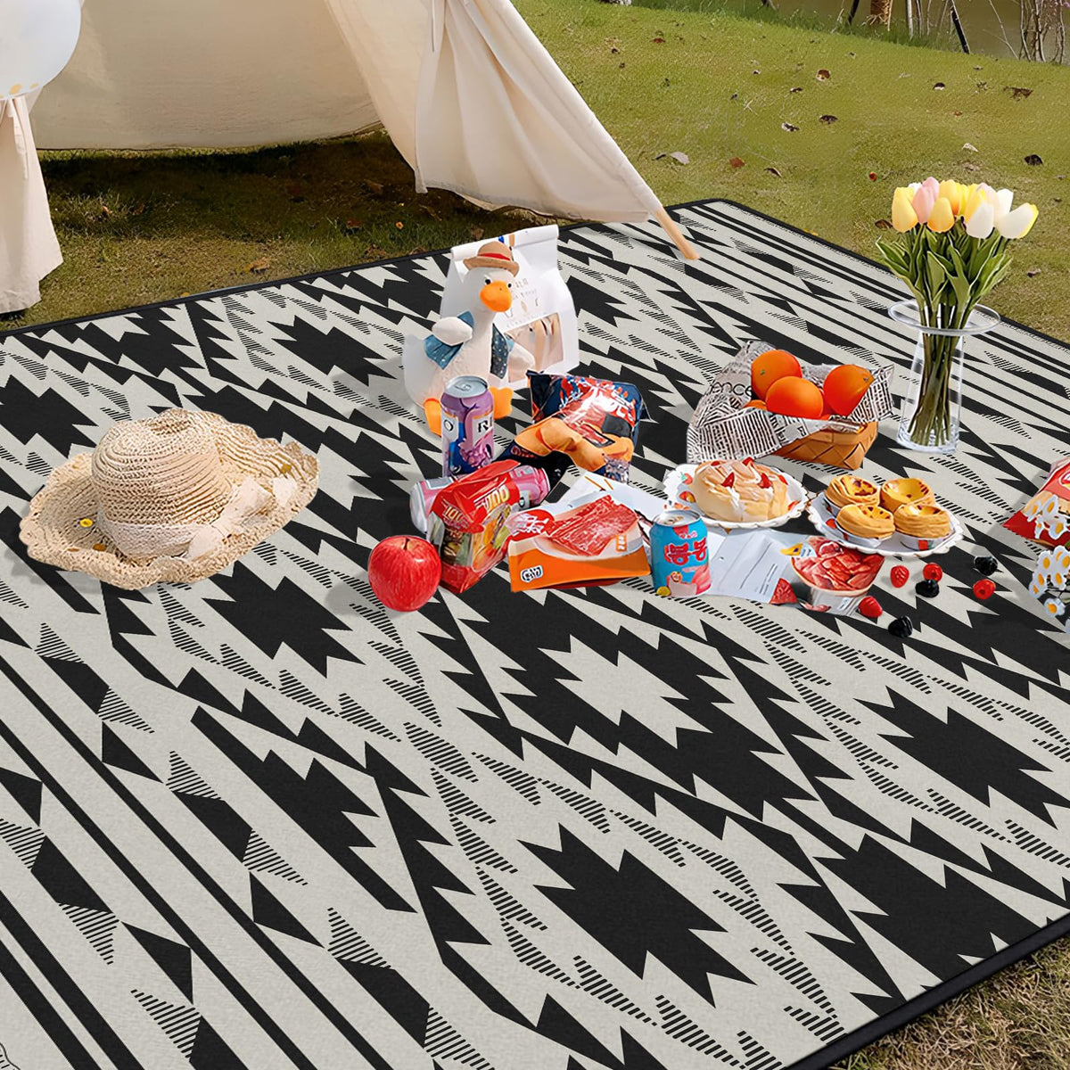 Boho Picnic Blankets Waterproof Foldable, 80′′X80′′ Tribal Large Picnic Mat Outdoor Blanket for Grass, Thick Beach