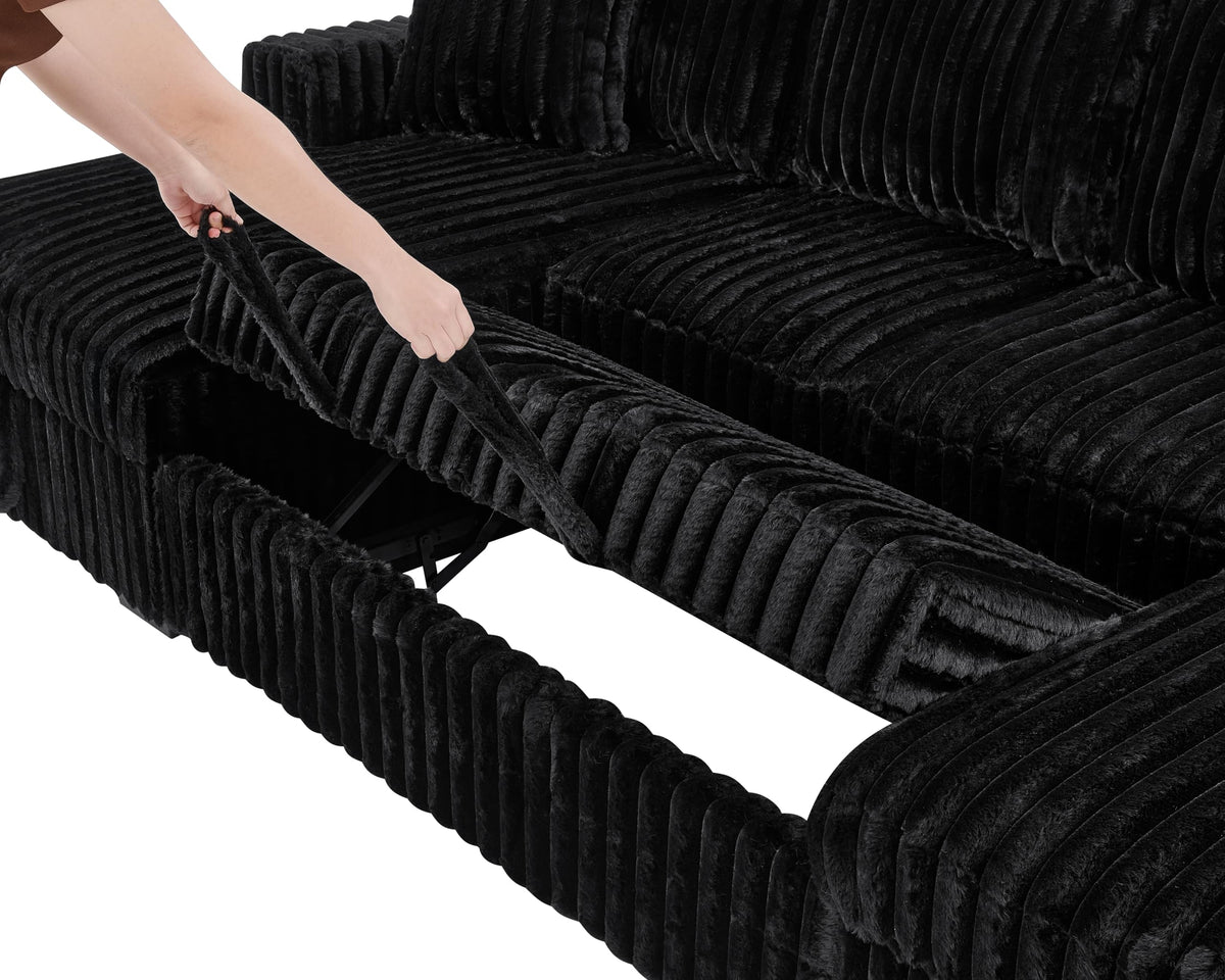 122" Sectional Sleeper Sofa, U Shaped, Black