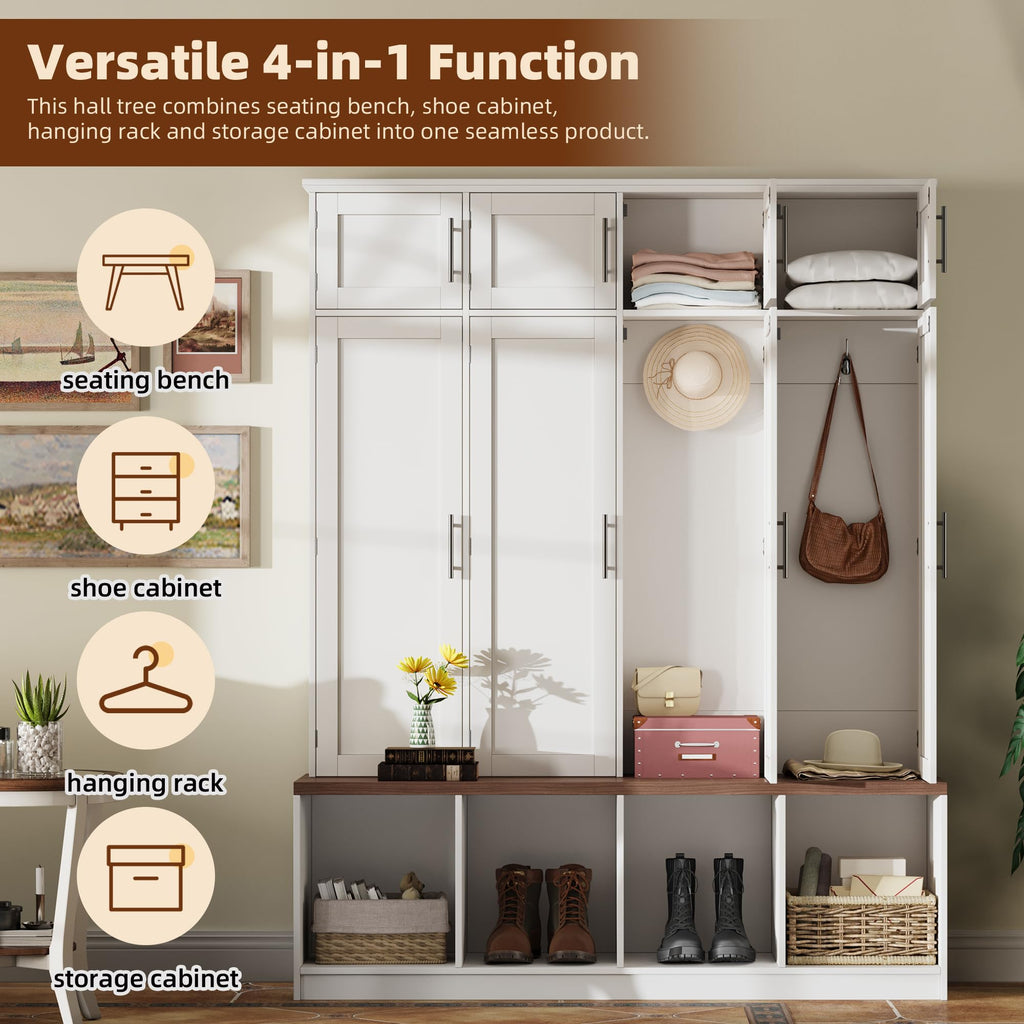 Farmhouse Hall Tree with Bench, 8 Doors & Hidden Hooks, White