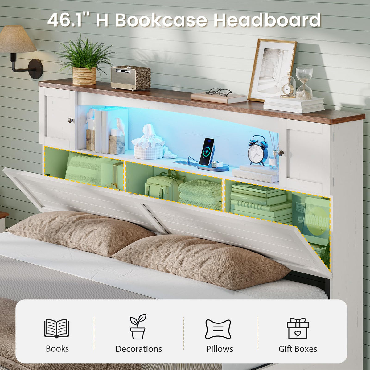Farmhouse Bed Frame with Bookcase and Storage Cabinets Headboard, Wood Platform Bed with LED Lights
