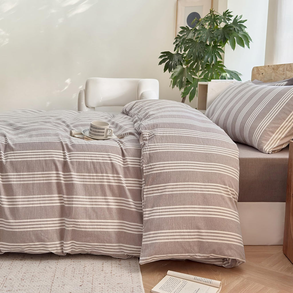 Striped Duvet Cover Set 100% Washed Cotton Linen Like Super Soft Chic Bedding Set 3 Pcs Light Brown-White