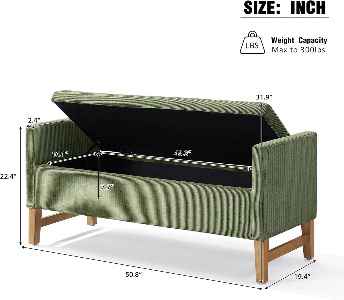 Namo Corduroy Upholstered Ottoman with Storage, Wooden Storage Ottoman Bench with Pillows, Long Entryway Ottoman Foot