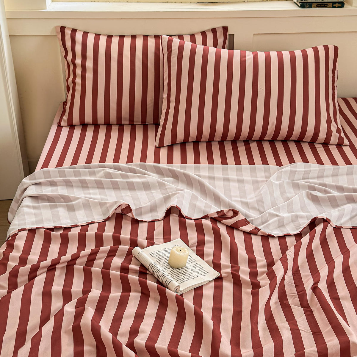 Dark Red Striped Duvet Cover Set