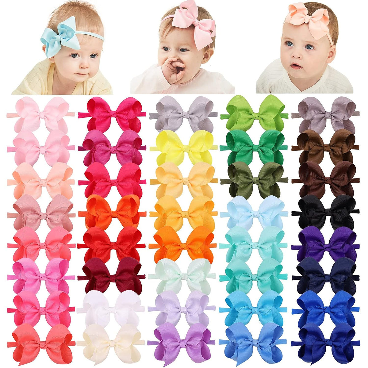 40pcs 4inches Baby Girls Grosgrain Ribbon Hair Bows Headbands Nylon Elastic Hair Band Hair Accessories for Infants