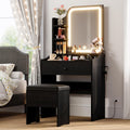 Small Vanity Desk with Mirror Lights and Storage Stool | Black compact vanity with 3 light modes, charging station