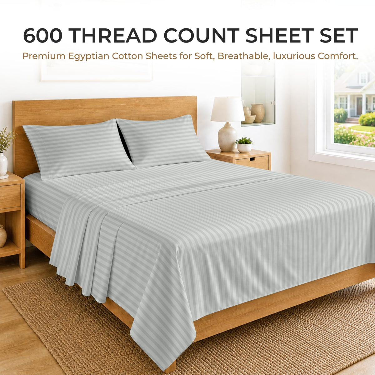 100% Egyptian Cotton Sheets - 600 Thread Count Sheets Set, Soft, Cooling, 15" Deep Pocket, Luxury Hotel