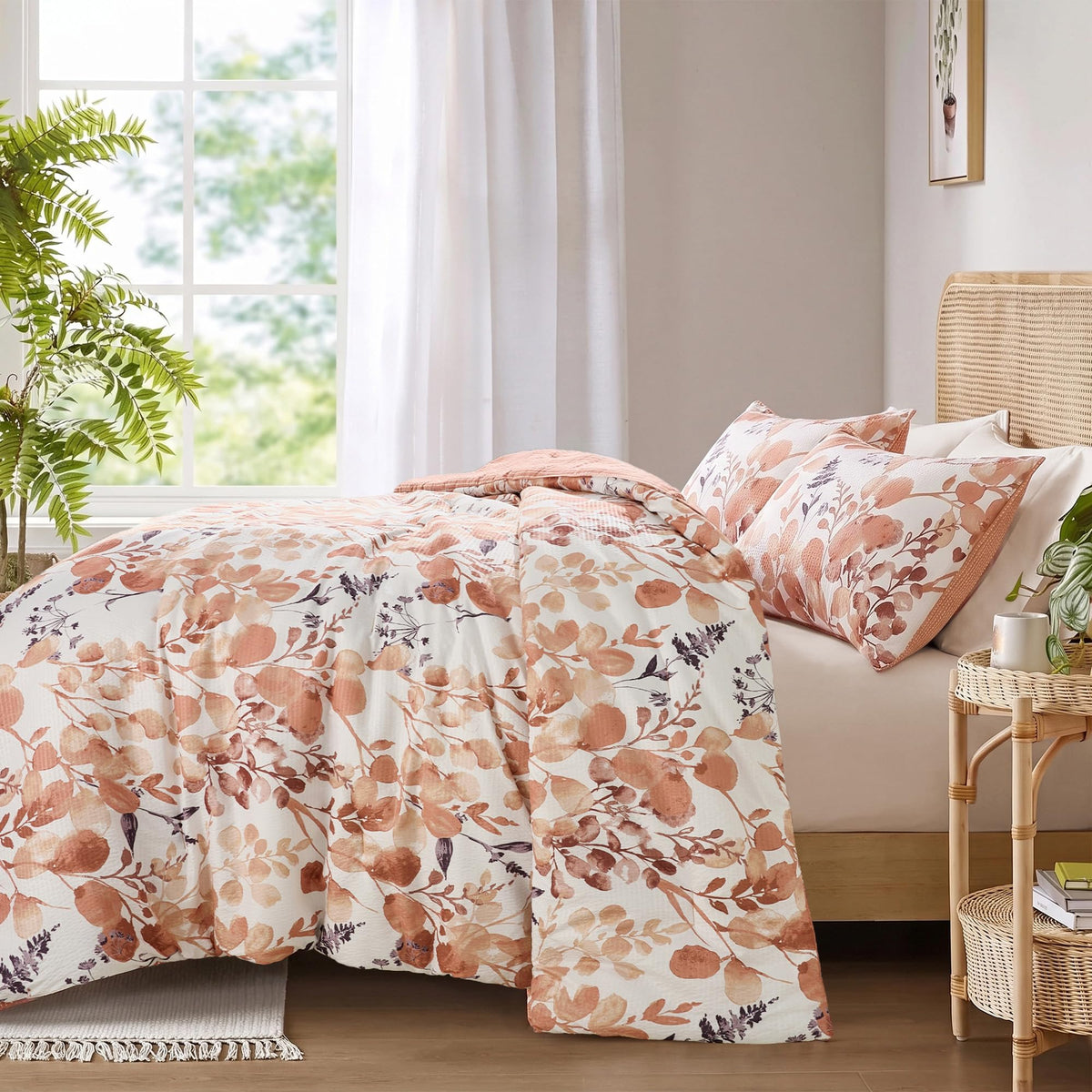 Lightweight Seersucker Botanical Comforter Set, 2 Pieces Reversible Design with Striped Print, Premium