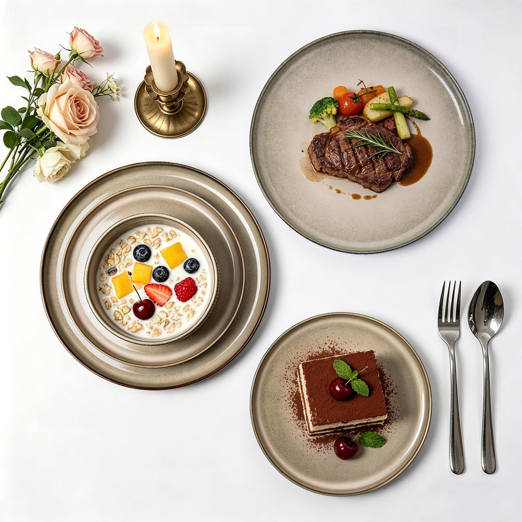 12PCS Ceramic Dinnerware Set for 4, Stoneware Plates and Bowls Sets