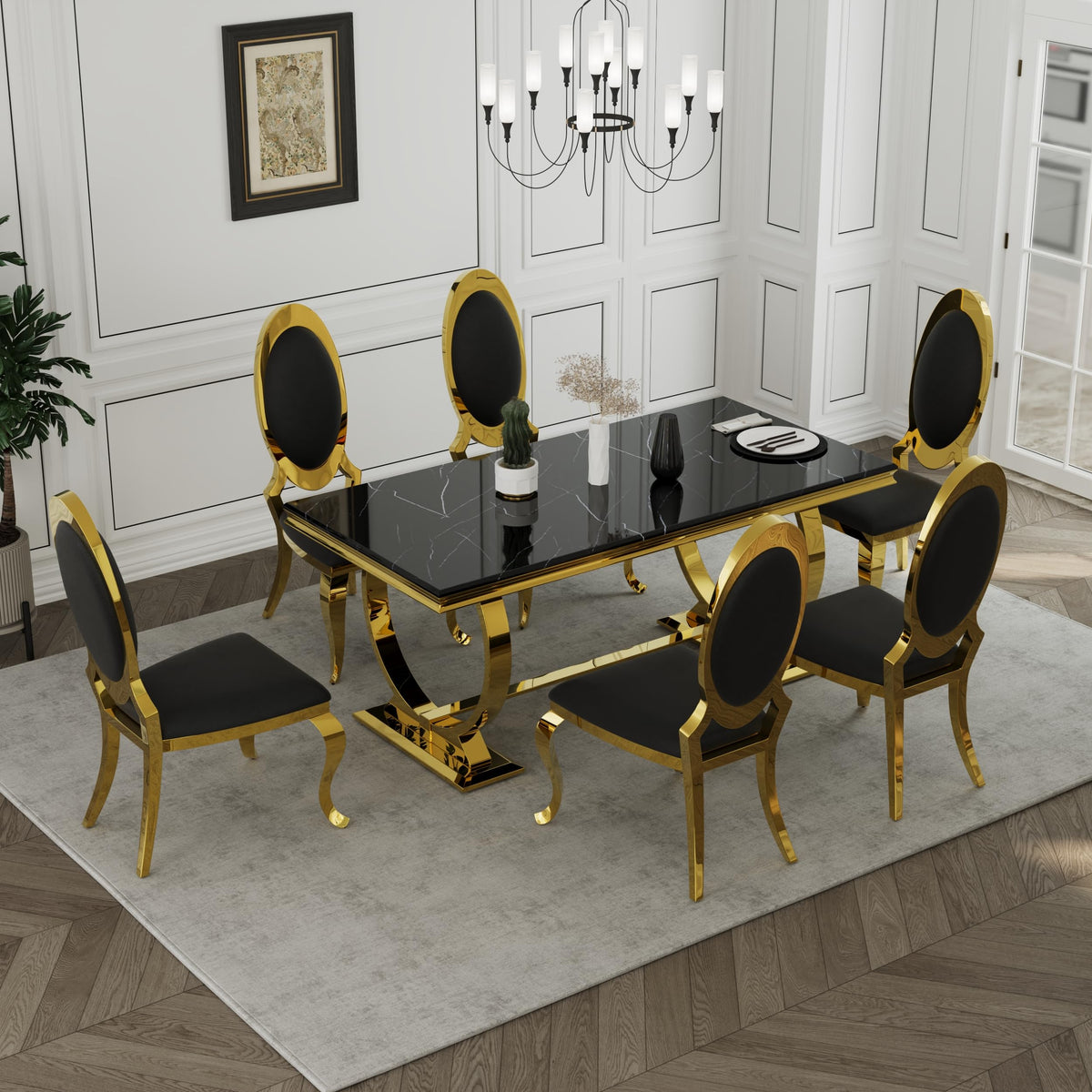 Black and Gold Dining Table, Faux Marble Top, Metal Frame and U-Base