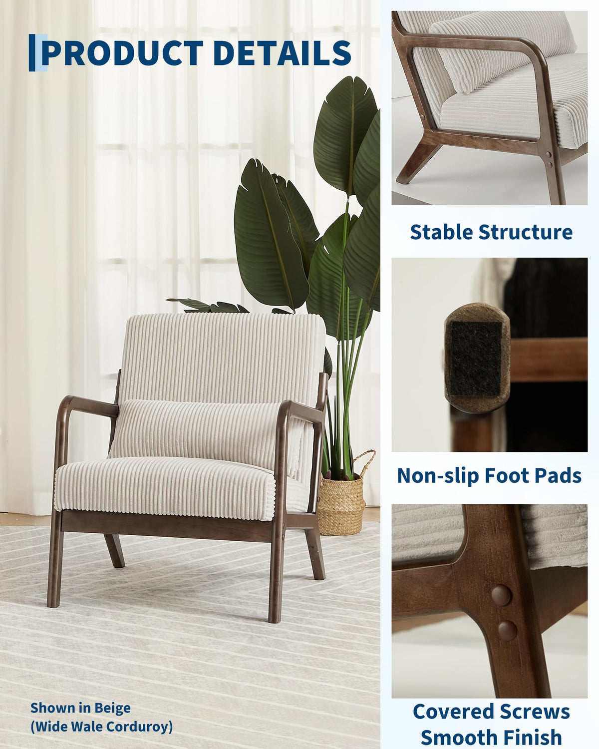 Mid Century Accent Chair Set of 2, Armchair with Lumbar Pillow