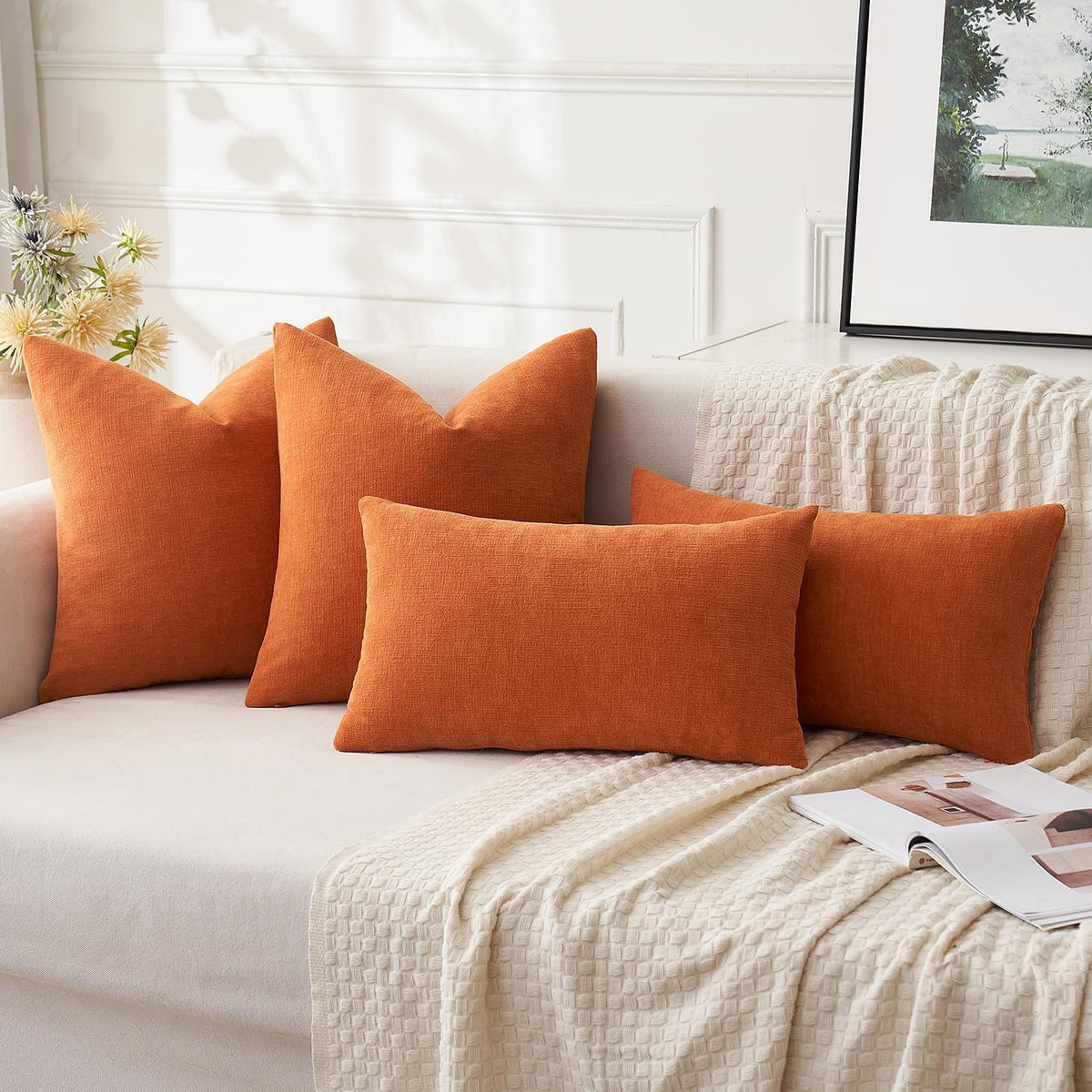 Fall Orange Chenille Couch Throw Pillow Covers, 20x20