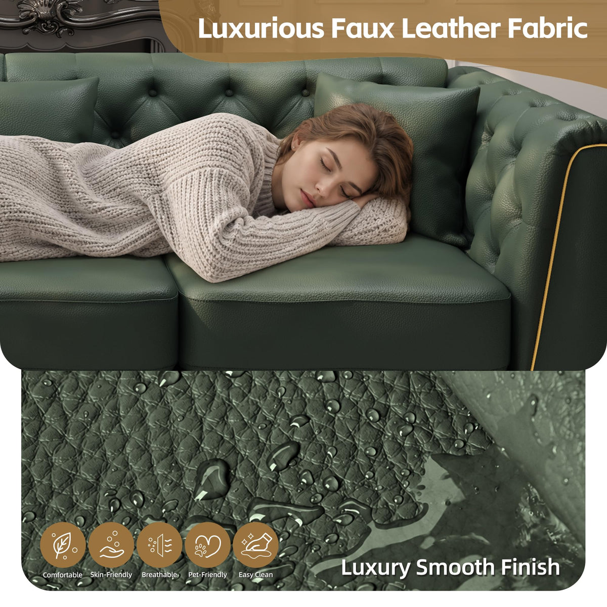 Faux Leather Sofas, 3-Piece Couch Set with Ottoman, Green