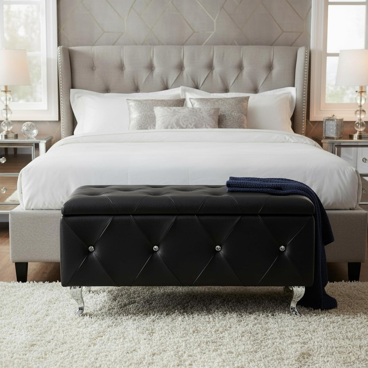Glam 38 Inches Storage Ottoman Bench , and Bedroom, Upholstered Tufted Faux Leather Ottoman with Storage, Foot Rest
