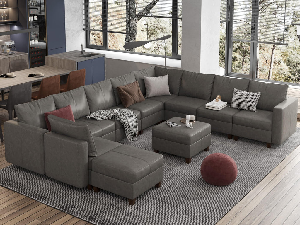 Faux Leather Sectional Couch L Shaped Sectional Sofa, Grey