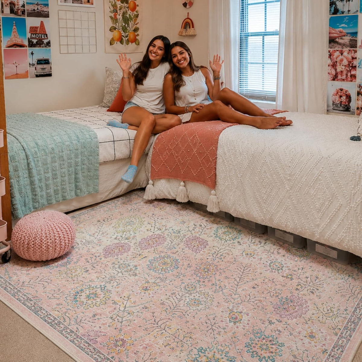 Pink Rug for Girls Bedroom, Soft Washable Floral Dorm Rug, Boho Non Slip Pastel Classroom Carpect Room, Kids