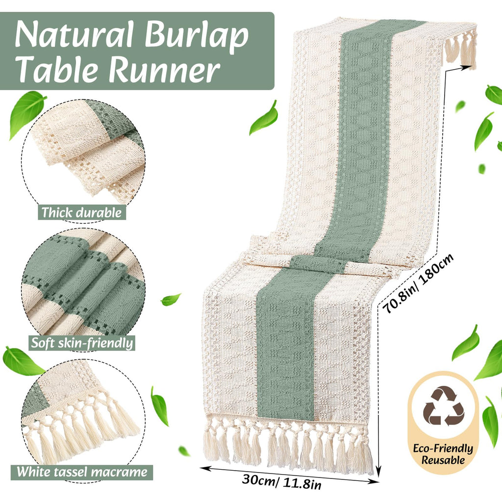 Boho Table Runner and Placemats Set, 6 Sets, Green, 12x72