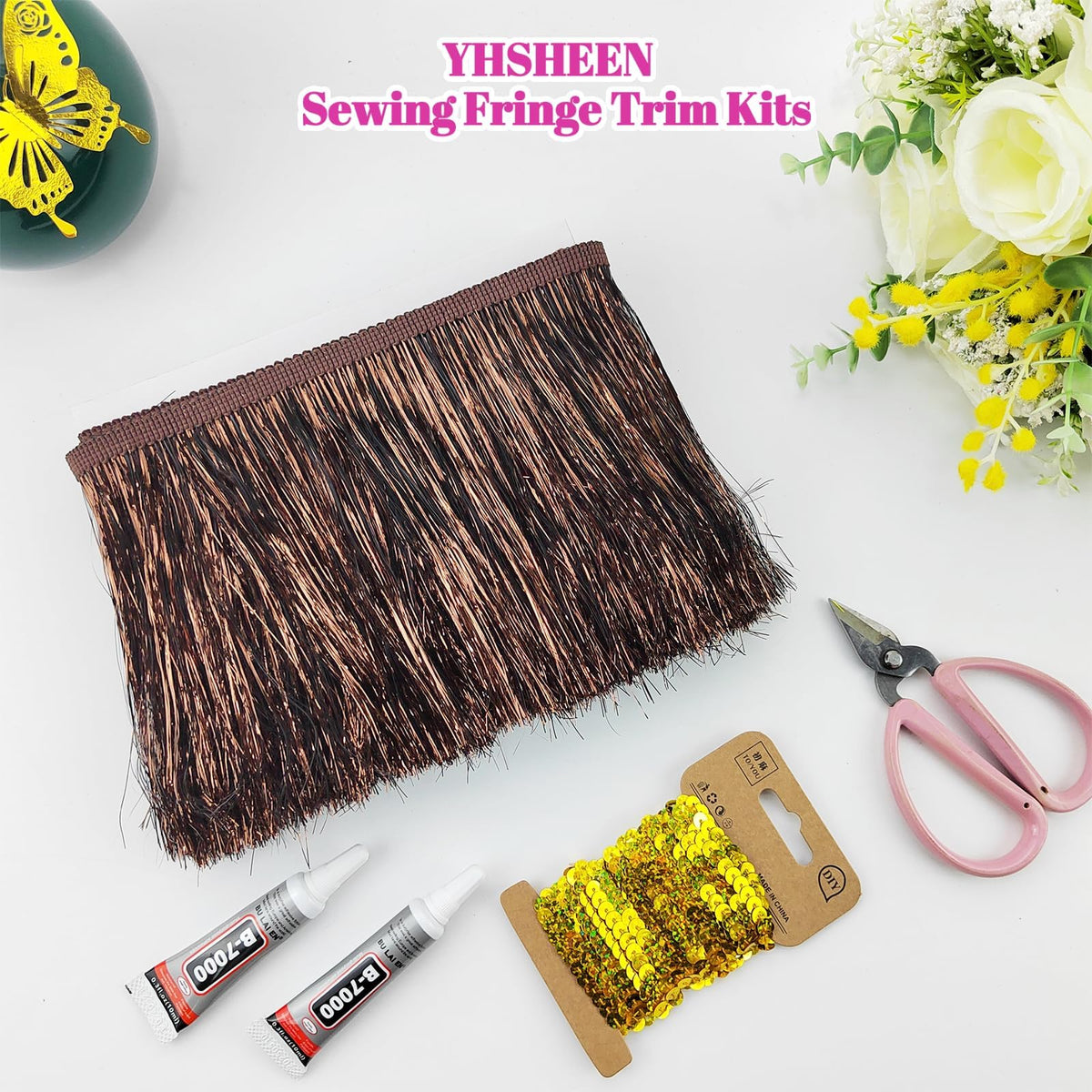 Brown Tinsel Fringe Trim, 5Yards X 5.9 Inch Metallic Fringe Trim with B7000 Glue for Karma Jacket Costume Crafts