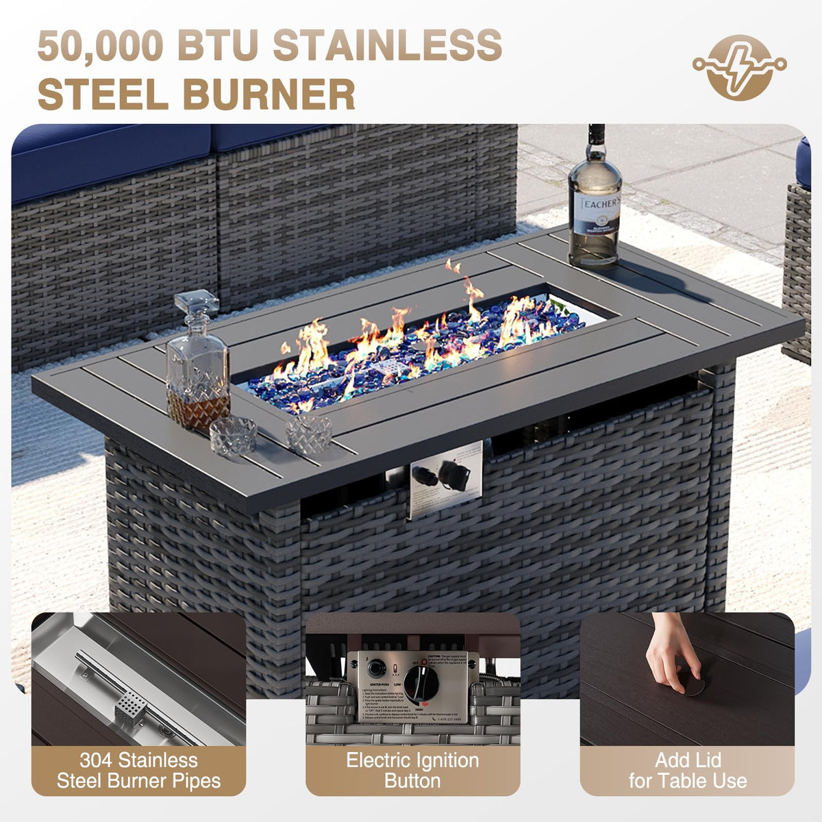 Patio Furniture Sets, 12-Piece Outdoor Patio Furniture with 44'' Propane Gas Firepit Table, Wicker Outdoor