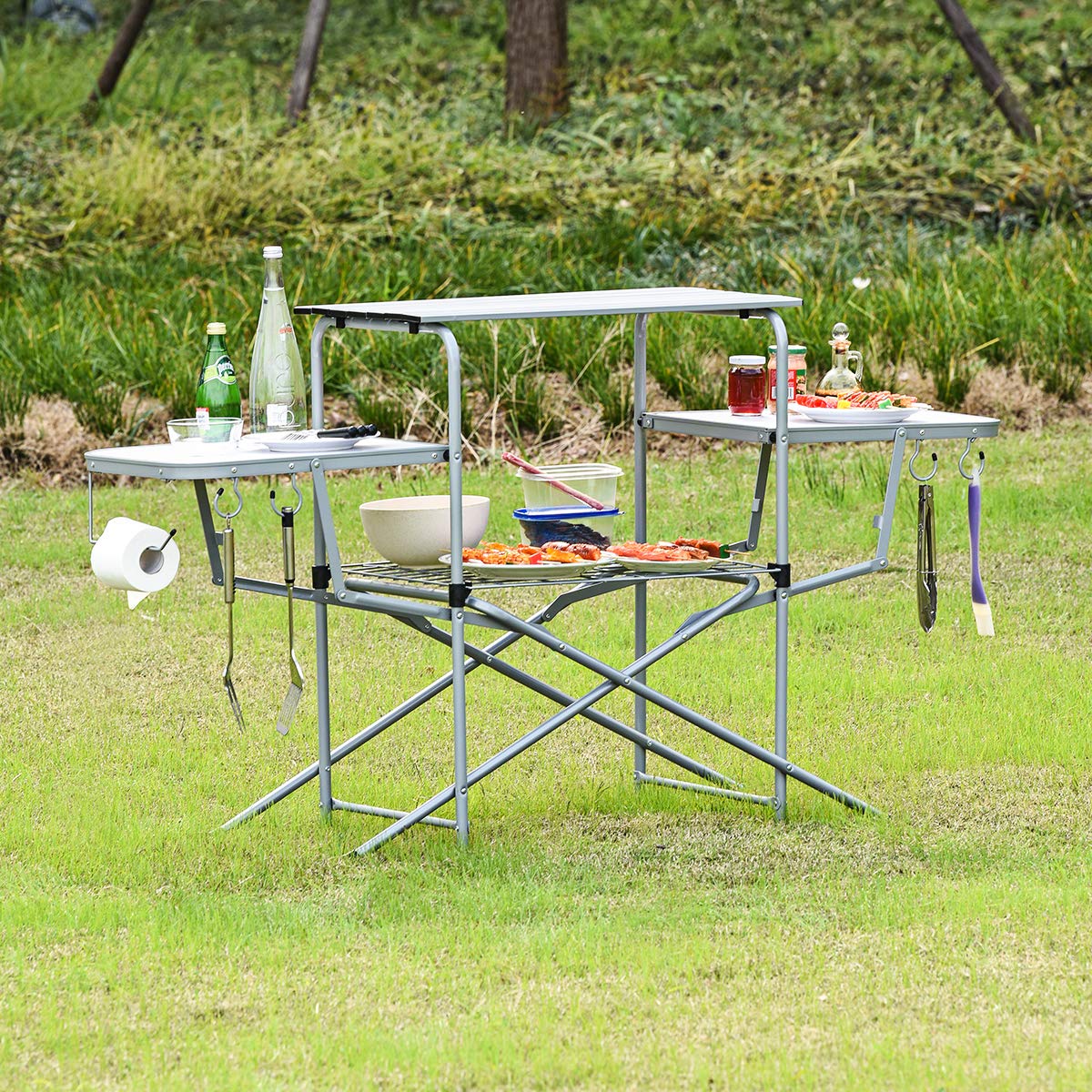 Folding Grill Table with 26'' Main Tabletop, Portable Aluminum Camping Table, Carrying Bag, Quick Set-up, Outdoor