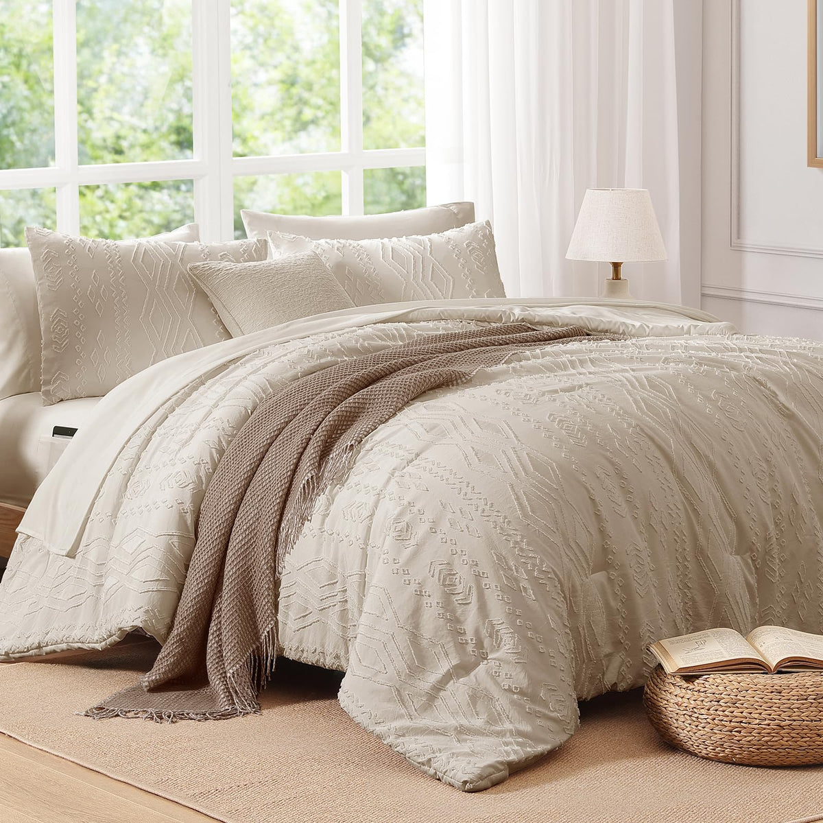 Comforter Set Beige Tufted Bedding Sets Farmhouse 7 Pieces