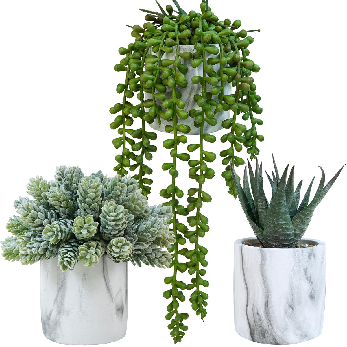 Set of 3 Small Artificial Succulent Potted Plants Fake Aloe Hops String of Pearls in Modern Marble Ceramic Planter