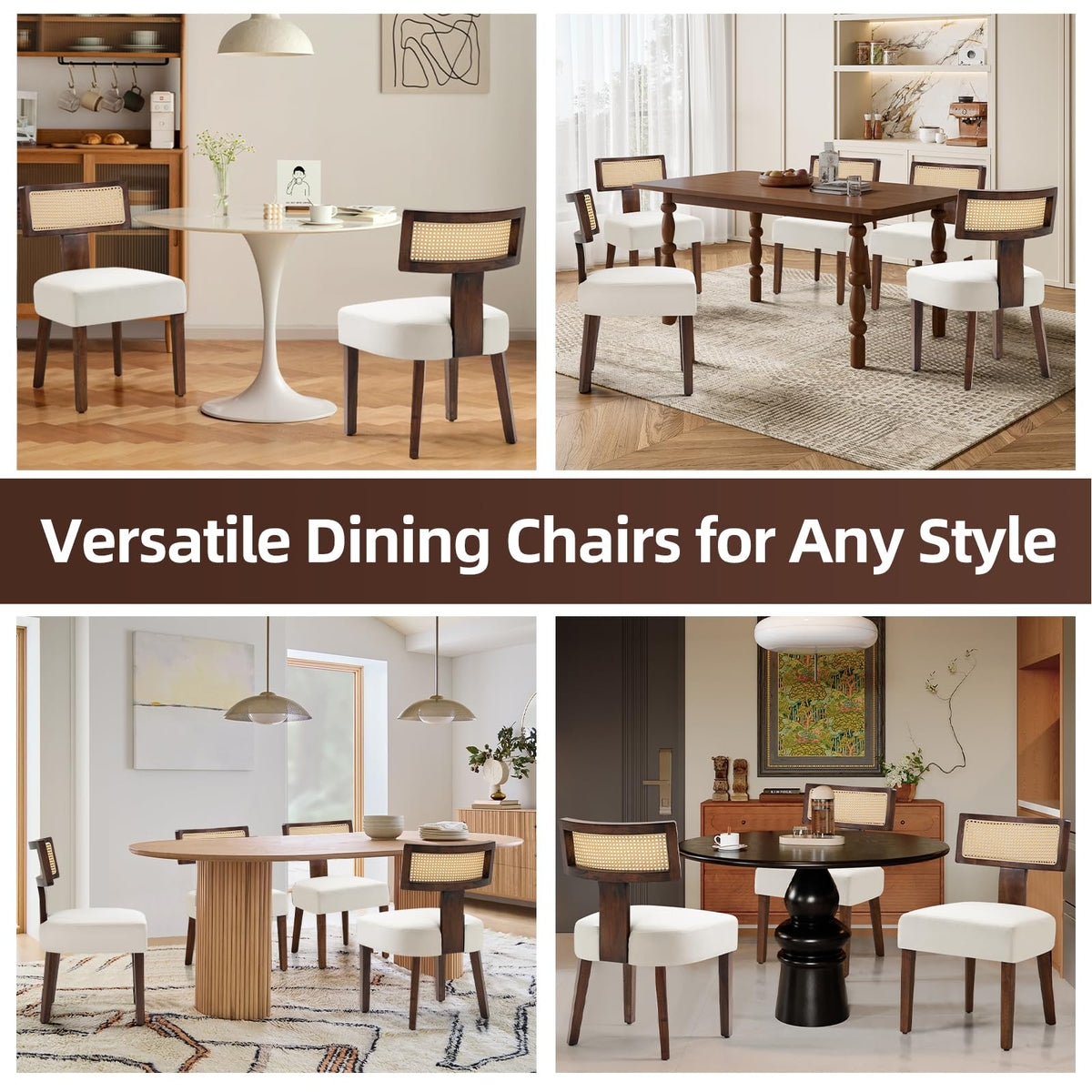 Upholstered Rattan Dining Chairs Set of 2, Mid-Century Modern Fabric Dining Room Chairs with Brown Hardwood Frame