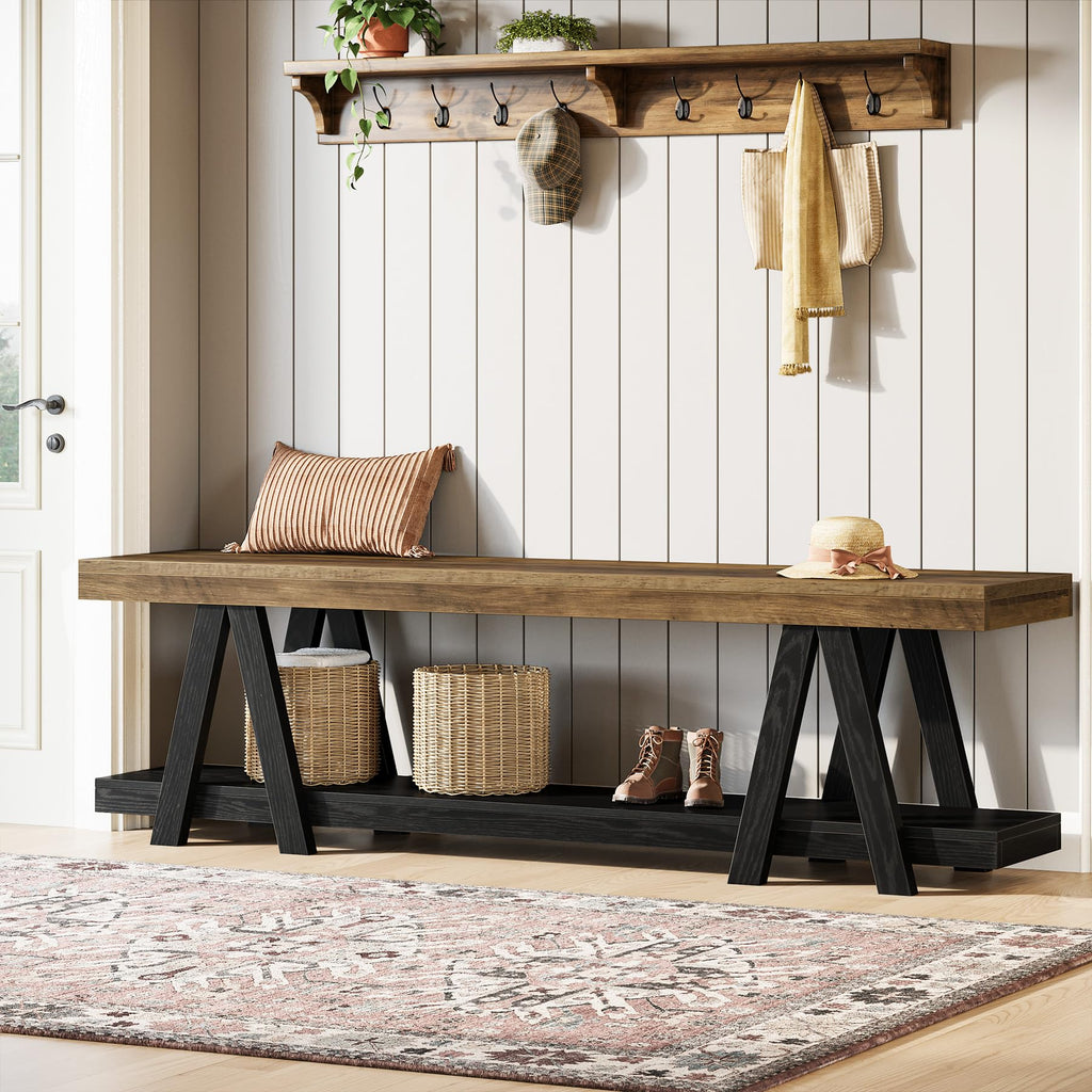 59.06-Inch Entryway Bench with Shoe Storage, Narrow Long 2-Tier End of Bed Bench with Open Shelves, Rustic Brown &