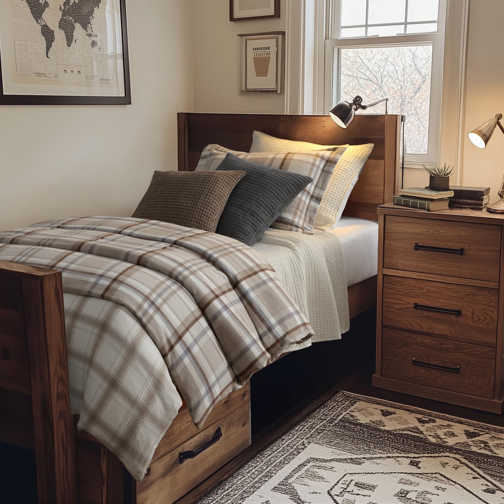 Spencer Plaid Neutral - Comforter (90x94in.) + Two Standard Shams (20x26in.) - Plaid - Beige Tan Cream