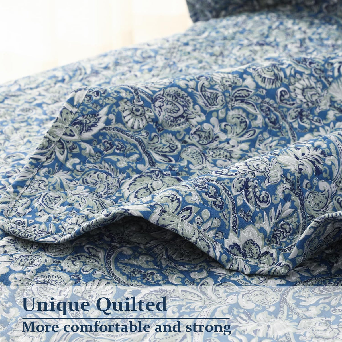 Quilt Set Queen Size 3Pcs, Soft Microfiber Lightweight Bedspread, Blue & Green Paisley Floral Geometric Pattern