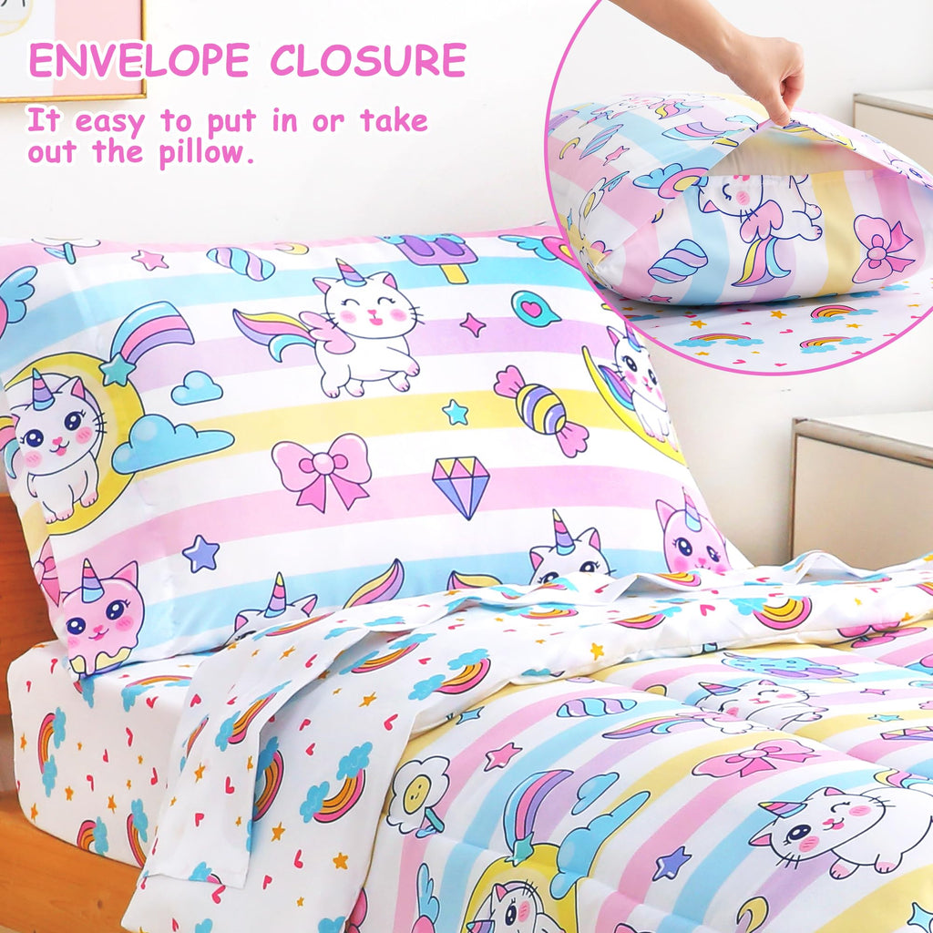 Toddler Bedding Sets for Girls,4 Pieces Cat Rainbow Printed