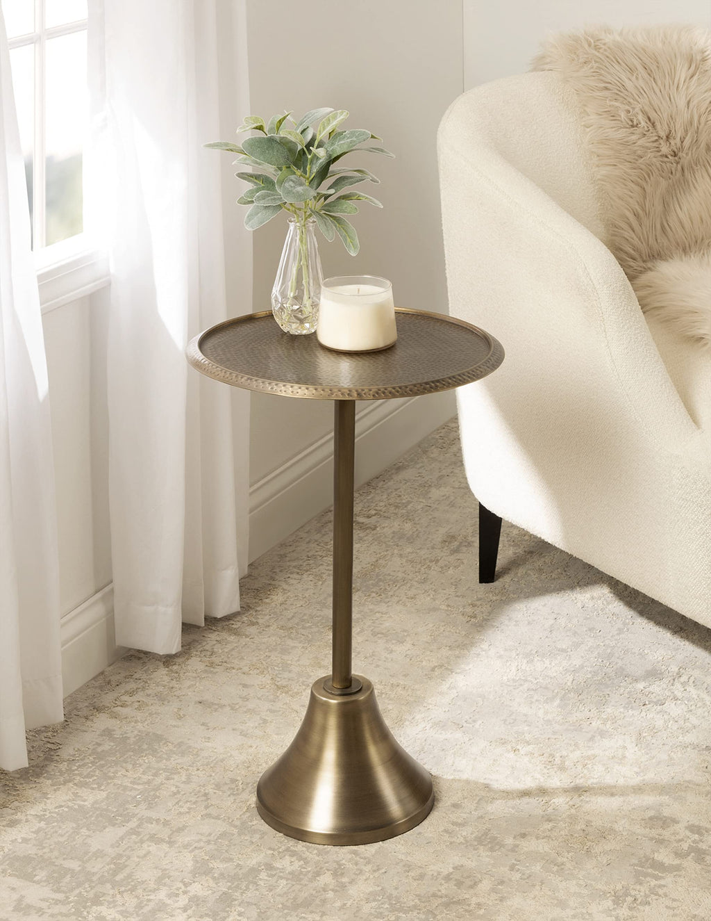 Inspired Saarinen Style Sanzo Modern Round Pedestal Side Table, 15 x 15 x 24, Gold, Decorative with Hammered Tabletop for Use as a Bedroom