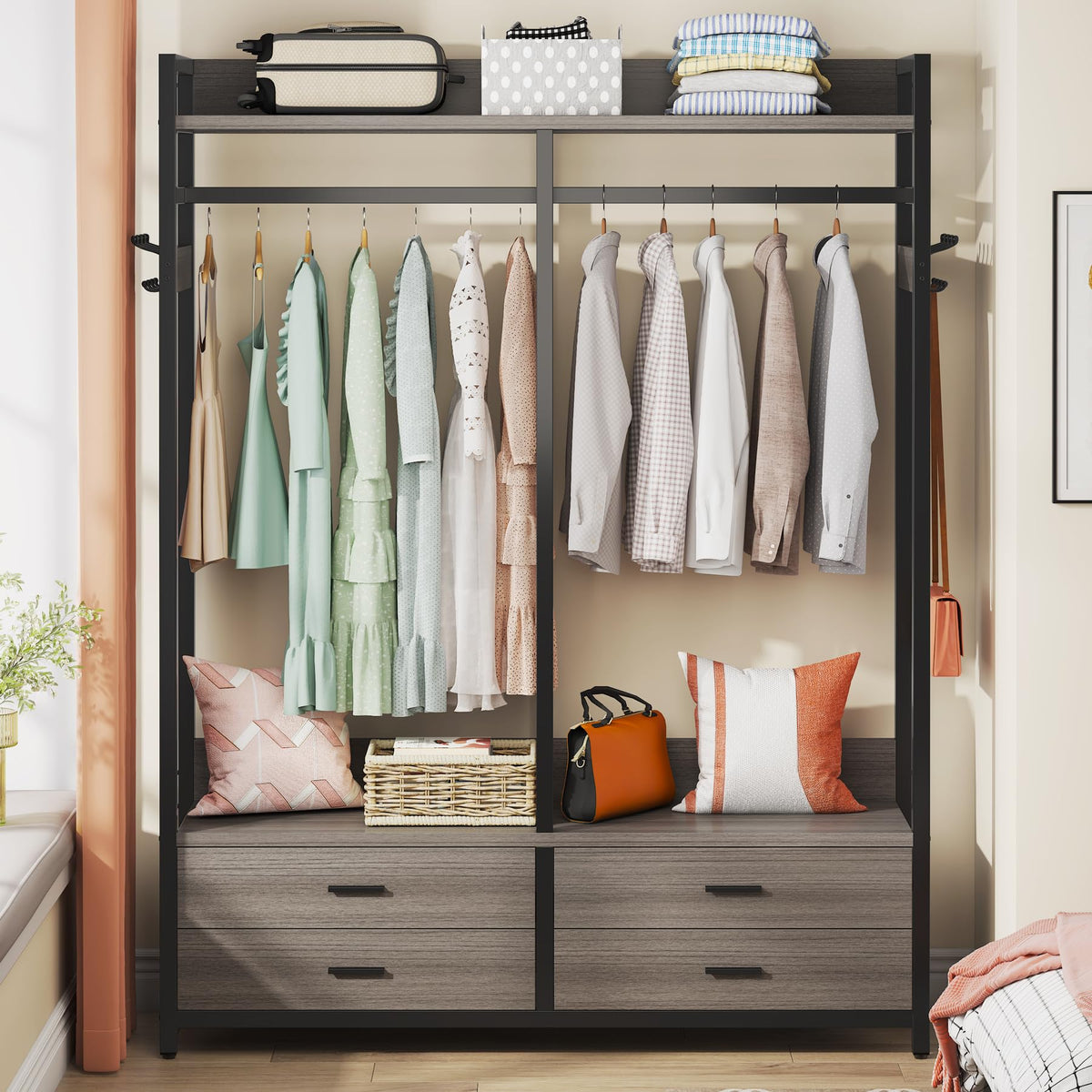 Freestanding Closet Organizer, Garment Rack with 4 Drawers, Gray