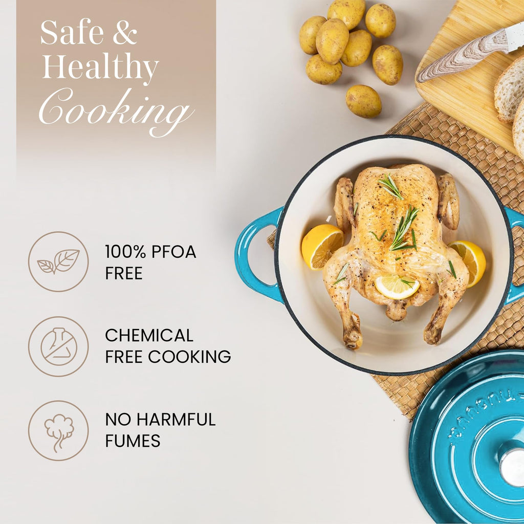 Cast Iron Pot with Lid - Non-Stick Ovenproof Enamelled Casserole Pot, Oven Safe up to 500° F-Sturdy Dutch Oven
