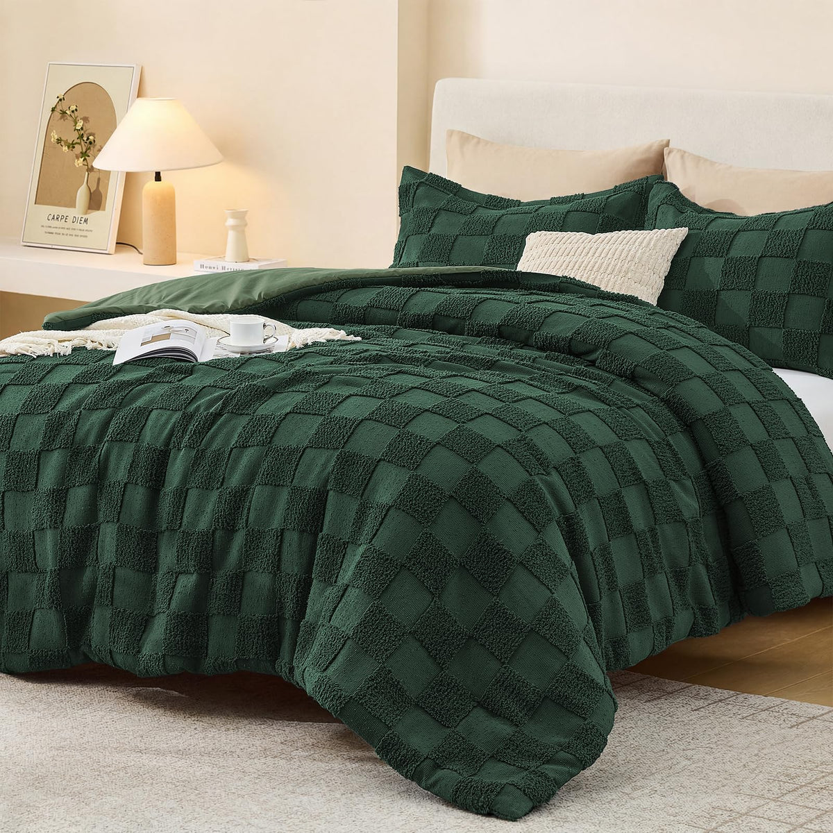 Comforter Set, 3 PC Boho Tufted Bed, Checkered Bedding, Green