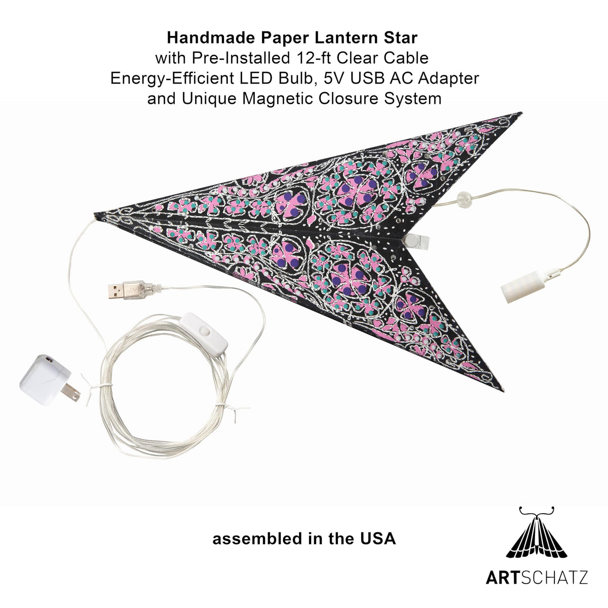Inspired Noguchi Style Cathedral Paper Lantern Star Light - 7 Point Ø 24 inch - Black/Pink with Violet/Turquoise Tissue Inlay