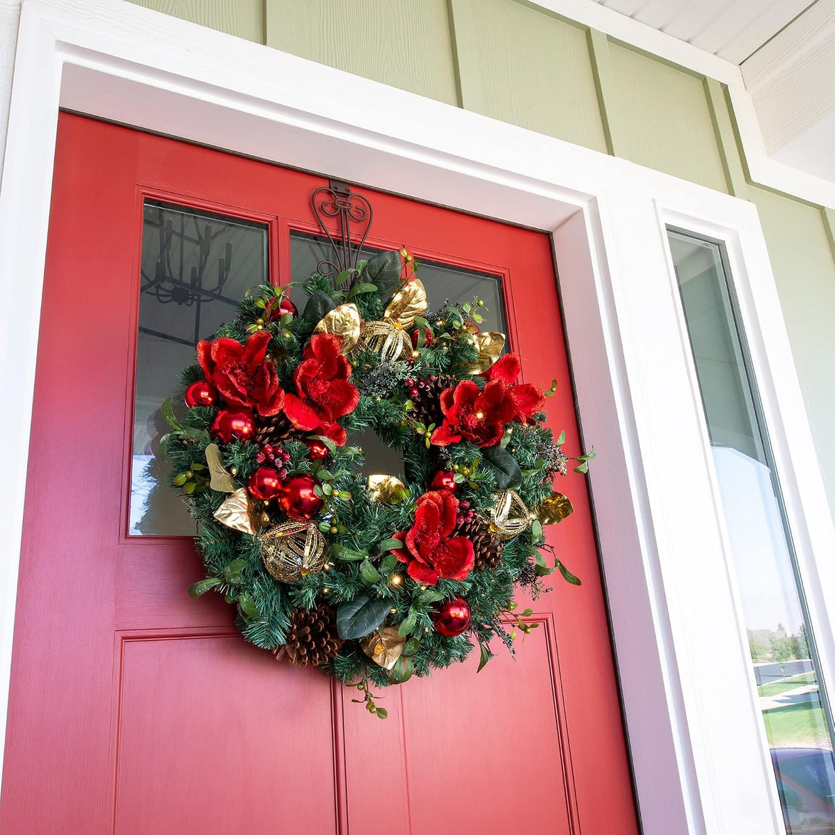 30 Inch Pre-Lit Artificial Christmas Wreath, Red Magnolia