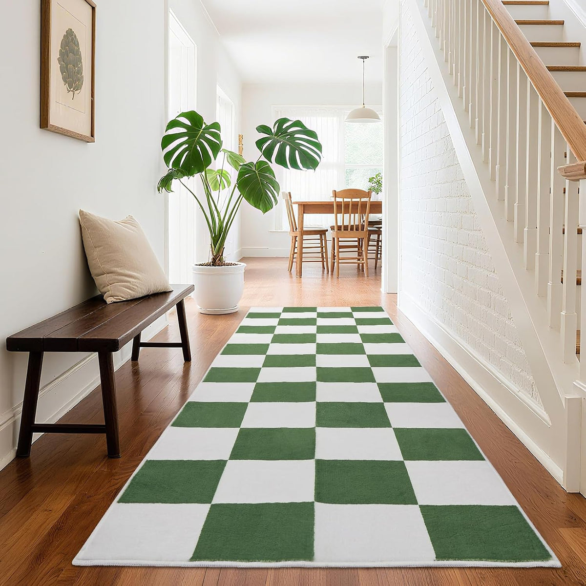 Washable Checkered Rug, 5x7 ft Green and White Rug, Low Pile Area Rugs with Non-Slip Backing Playroom Classroom
