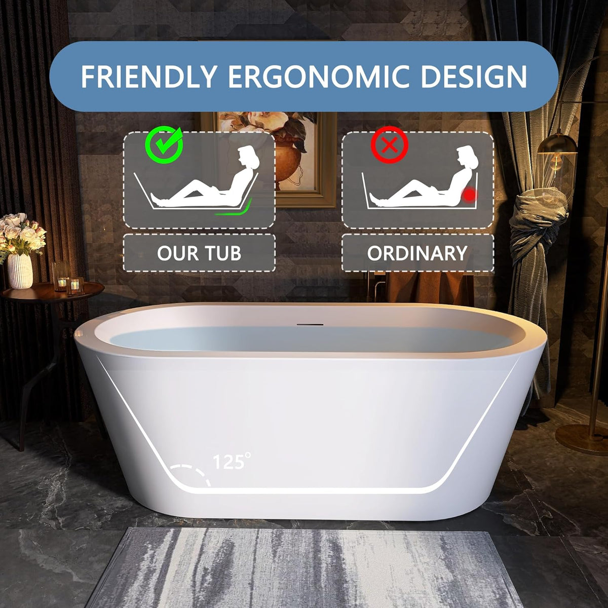 61 in. x 31 in.Classic Oval Acrylic Free Standing Tub, Heavy Duty Deep Soaking Tub, Bathroom Stand Alone Tub