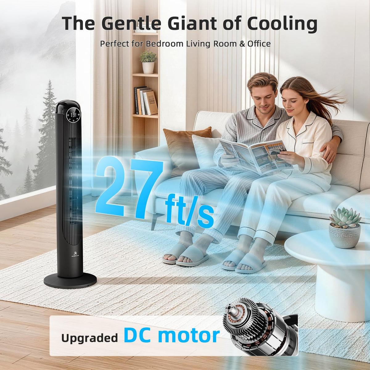 T42 Tower Fan, 42 Inch DC Brushless Motor Bladeless Oscillating Fan with Remote, 6 Speeds & 4 Modes,LED Display, 9H