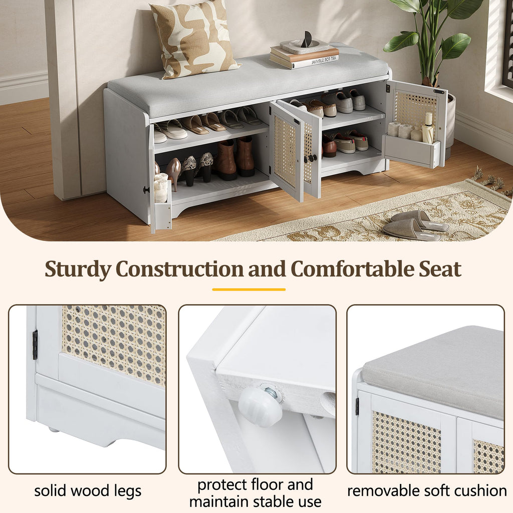Rustic 47.4" Shoe Storage Bench with Removable Cushion, White